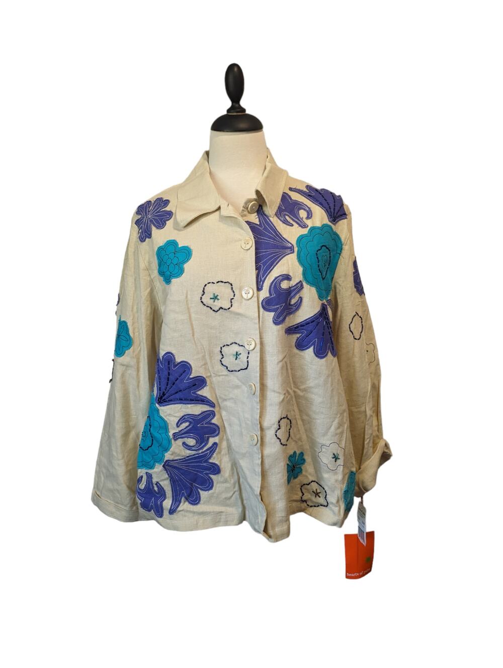 Heart of Palm Size 12 Linen Blend Button Up Shirt with Pockets Embroidered Beads
